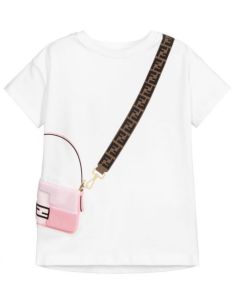 Fendi White Cotton FF Strap Pink Bag T-Shirt