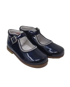 Beberlis Girls Navy Patent Leather Buckle Shoe With Diamonte Detail