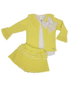 Rahigo Girls Bright Yellow/White Cardigan, Blouse And Knitted Skirt Set