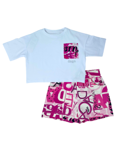 Daga Girls White Cropped T-shirt &amp; Bright Pink Print Shorts