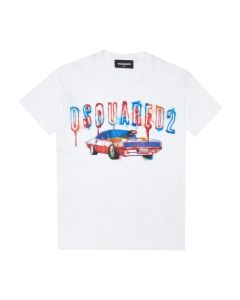 DSQUARED2 White T-shirt With Colourful Car And Logo Print