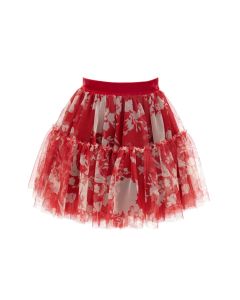Monnalisa Girls Red Floral Tulle Skirt