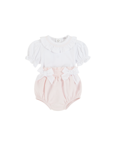 Deolinda Girls White Top With Pink Waffle Pattern Shorts Set
