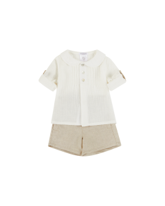 Deolinda Boys White Long Sleeve White Shirt With Beige Short Set
