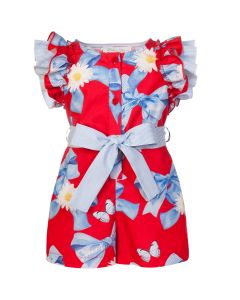 Balloon Chic Girls Red & Blue Cotton Playsuit