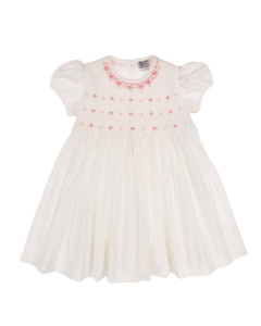 Sarah Louise Girls Smocked Puff Sleeve Dress Ivory And Pink SS24