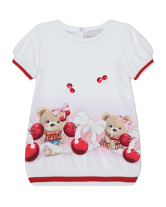 Monnalisa Baby Pink Cherry and Teddy Bear Dress SS24