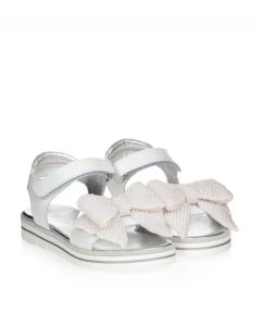 Monnalisa White Beaded Pearl Bow Logo Sandals