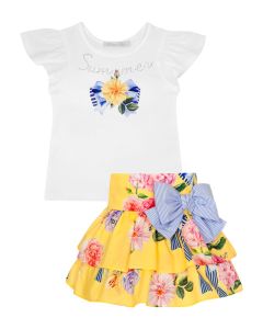 Balloon Chic Girls Yellow And Blue Floral Skirt & White T-Shirt Set