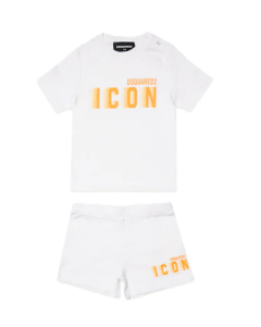 Dsquared2 ICON Baby White T-shirt And Shorts With Bright Orange Fluo Logo