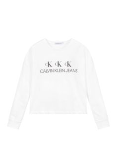 Calvin Klein Jeans Girls White Long Sleeved Black  Logo Top