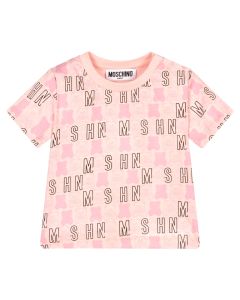 Moschino Baby Girls Pink Cotton All-Over Logo Print T-Shirt
