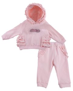 Bimbalo Girls Pink Hoodie Tracksuit with Diamanté Logo and Frills on Hood And Sides 
