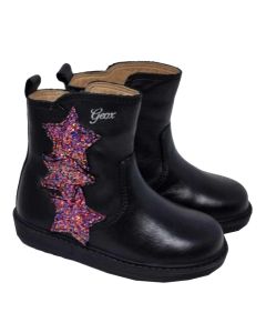 Geox Girls "Hynde" Black Leather Zip Up Boots With Glitter Star Detail