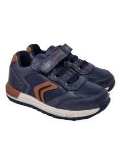 Geox Boys "Alben" Blue Leather Trainer With Dark Brown Trim And Velcro Strap