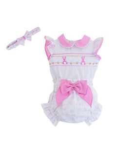 Pretty Originals Girls White Two Piece Set With Pink Trim And Bunny Smocking