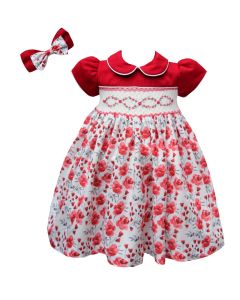 Pretty Originals Girls Red Floral Dress with Smocking and Red Headband