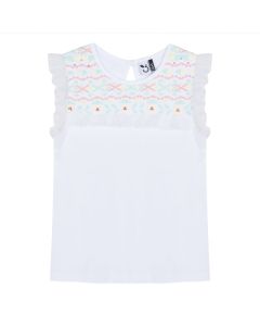 3Pommes Girls White Cotton Embroidered and Lace T-Shirt