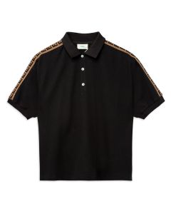 Fendi Boys Black Cotton FF Logo Tape Polo Shirt