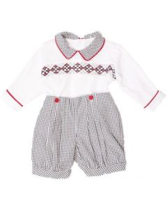 Pretty Originals White, Black and Red Gingham Hand-Smocked Shorts Set