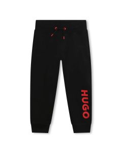 HUGO Boys Black Cuffed Red Logo Joggers
