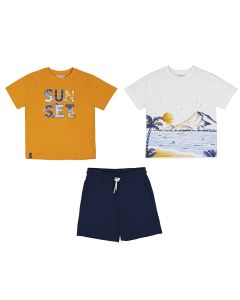 Mayoral Boys Orange, White And Navy Blue Three Piece T-Shirt And Short Set