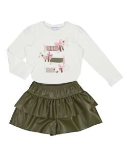 Mayoral Girls Ivory Long Sleeve Top With Dog Print And Green Leathered Skirt