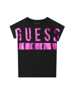Guess Older Girls Black T-shirt With Metallic Pink Print