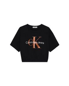 Calvin Klein Girls Black Boxy Waisted T-Shirt With Bronze Monogram Logo
