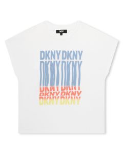 DKNY Girls White Cotton Colourful Stretched Logo T-Shirt