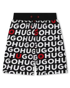 HUGO Boys Black All-Over Logo Cotton  Shorts