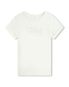 Chloé Girls SS24 White Cotton Gold Logo  T-Shirt