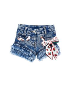 Monnalisa Girls Blue Embroidered Strawberry Scarf Denim Shorts