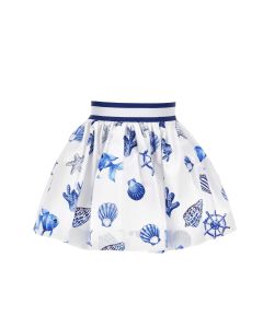 Monnalisa Girls White &amp; Blue Cotton Shell Print Skirt