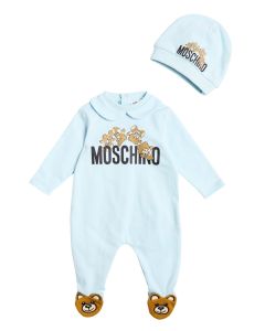 Moschino Baby Blue Cotton Tumbling Teddy Bear Babygrow Gift Set
