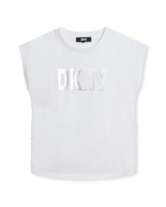 DKNY Girls White Organic Cotton Metallic Silver Logo T-Shirt
