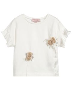 Lili Gaufrette Girls Ivory Cotton Pom Pom Tree T-Shirt