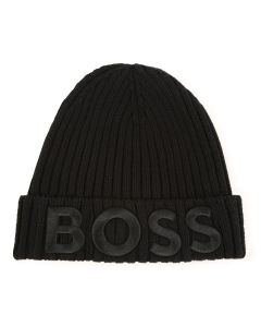 BOSS Boys Black Cotton Knit Embroidered Logo Hat