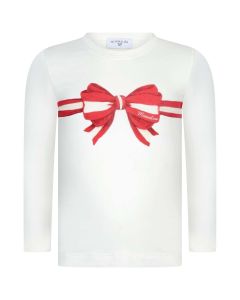 Monnalisa Girls Ivory Cotton Red Bow Top