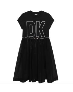 DKNY Girls Black Dress With Metal Clasp Belt Detail