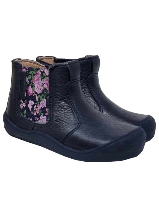 Girls Navy Leather Chelsea boots with floral Elastic sides