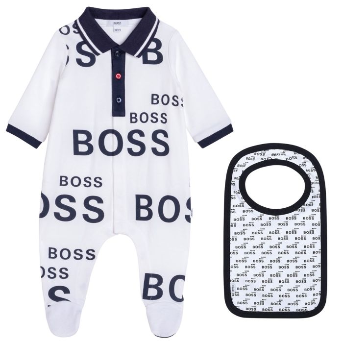 BOSS Kidswear Baby Boys White & Navy Blue Babygrow & Bib Set