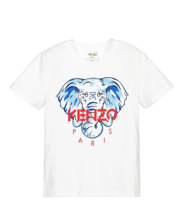 KENZO KIDS White Cotton Elephant Red Logo T-Shirt