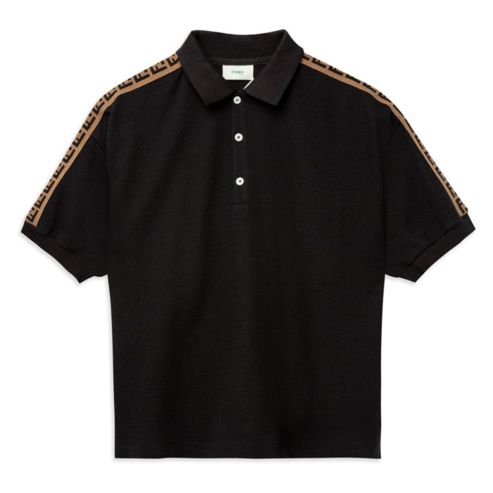 Fendi Boys Black Cotton FF Logo Tape Polo Shirt