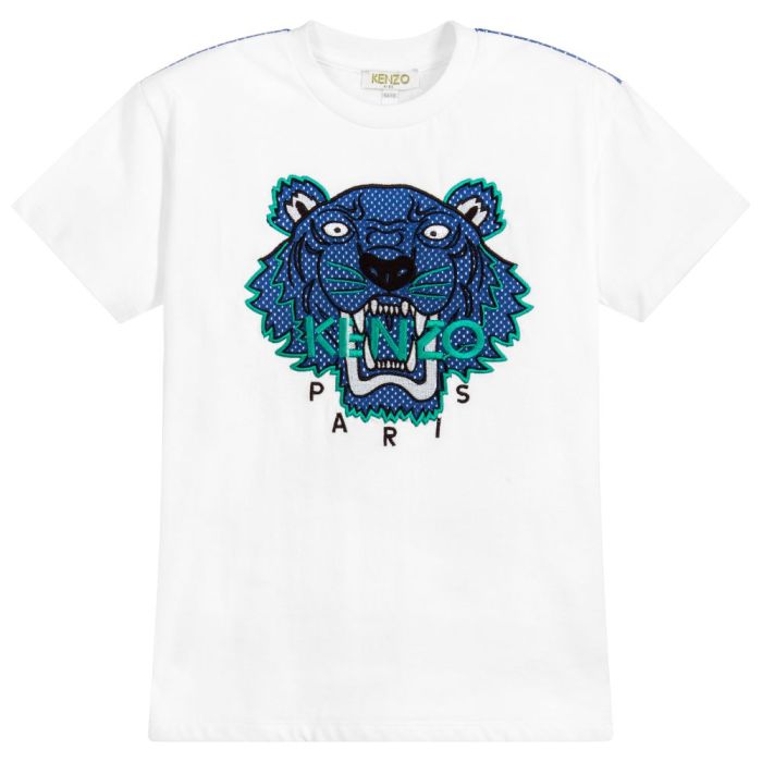 Kenzo Kids Boys White Cotton T-Shirt With Blue Iconic TIGER